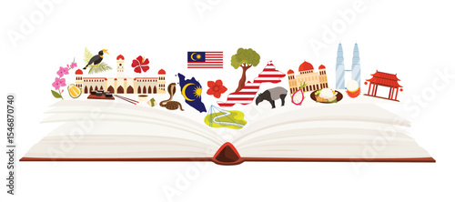 Travel to Malaysia, culture elements and food, landmarks in infographic collage. Nature and architecture, cute tapir and hornbill, mosque and flag on open big guide book cartoon vector illustration