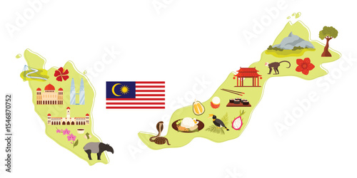 Travel to Malaysia set, Malaysian culture and landmarks, food and city buildings on infographic country map. Tropical fauna and flora, cobra and rafflesia, tapir, hornbill cartoon vector illustration
