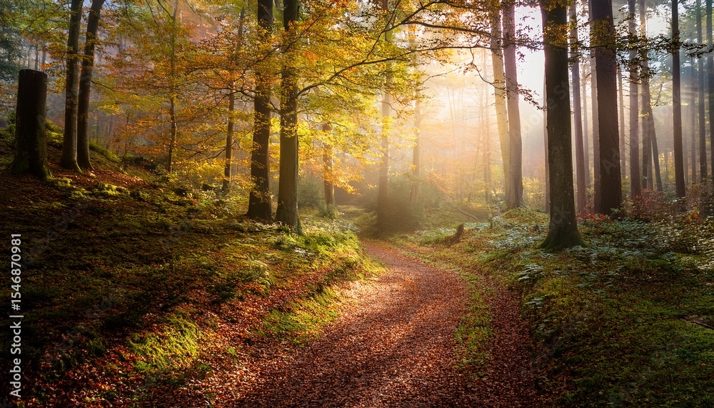 Naklejka premium tranquil autumn scenery in a scenic forest with soft light illuminating a hiking trail in slightly misty atmosphere