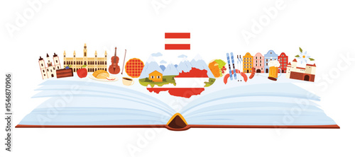 Austria culture elements and nature of Alps, landmarks and language study in infographic collage banner. Open big book and Alpine village, houses and castles, food and beer cartoon vector illustration