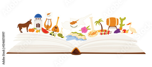 Culture elements, famous nature and architecture for Cyprus study. Open big book and collage of Cyprus attractions places for tourism, food and wine, animal and monastery cartoon vector illustration