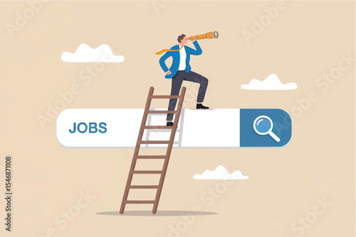 Businessman searching for jobs with telescope on ladder isolated on transparent background