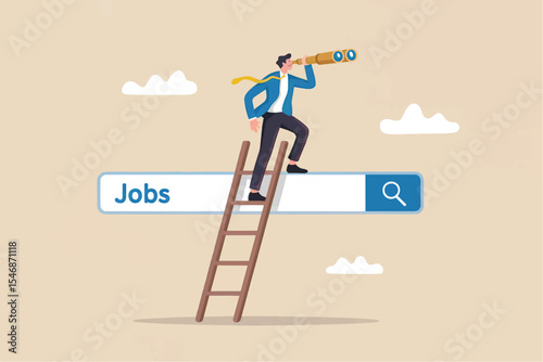 Businessman searching for jobs with telescope on ladder isolated on transparent background