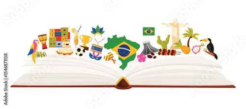 Brazil culture and tropical nature, famous architecture and traditional food, language study in infographic collage background. Soccer ball, carnival costume and music cartoon vector illustration