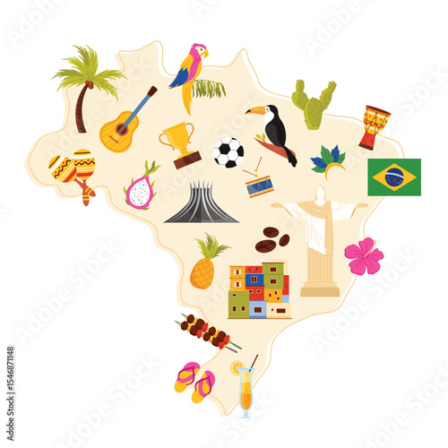 Travel to Brazil set, Brazilian ethnic culture and landmark, food and bird on infographic country map. Tropical fauna and flora, statue of Jesus and Metropolitan Cathedral cartoon vector illustration