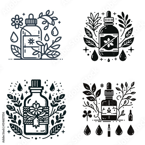 Herbal dropper bottles decorated with flowers and leaves in black line art  