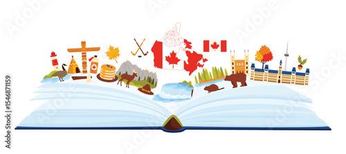 Culture and famous nature of Canada, sightseeing landmarks and tourist attraction, language study in infographic collage. Parliament building and Niagara Falls in open book cartoon vector illustration