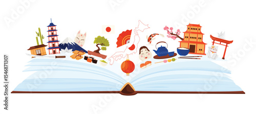 Culture elements and landmarks of Japan, Japanese cuisine and language study in infographic collage with open guide big book and Asian temple, map and flag, geisha fan cartoon vector illustration