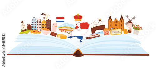 Netherlands culture and landmarks, Dutch language study in infographic collage. Open book and mill of Holland, Amsterdam buildings and tulip field, cheese and beer cartoon vector illustration