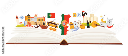 Portugal culture and cuisine, Portuguese landmarks and language study in infographic collage with open paper guide book and lighthouse, flag and map, Lisbon tram and palace cartoon vector illustration