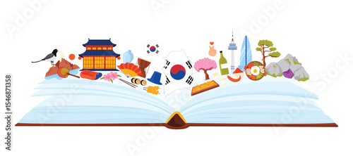 South Korea nature, famous temple and modern building of Seoul, traditional food, Korean language study in infographic collage with open guide book and culture elements cartoon vector illustration
