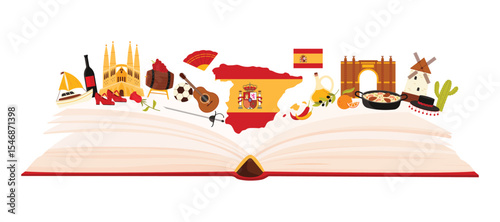 Spain culture elements and landmark, flamenco dance and Spanish language study in infographic collage. Flag and map, Sagrada Familia, food and wine in open guide book cartoon vector illustration