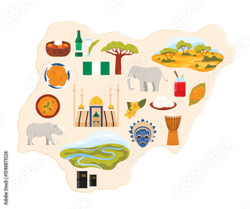 Travel to Nigeria set, stickers of food and culture, Abuja National Mosque, nature on infographic country map. Famous tourist attractions and holiday elements, baobab and animals vector illustration