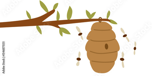 Wild bees house on the tree with wild flying around. Cartoon illustration on white background.