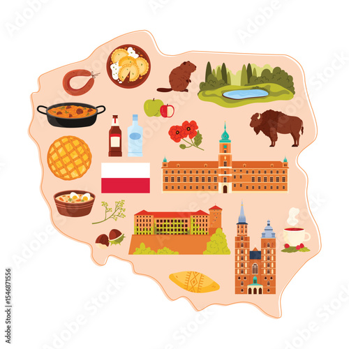 Poland culture elements and landmarks, animal in nature on stylized infographic map. Traditional food menu and landscape, architecture, fruit and nut, tourists tour symbols cartoon vector illustration