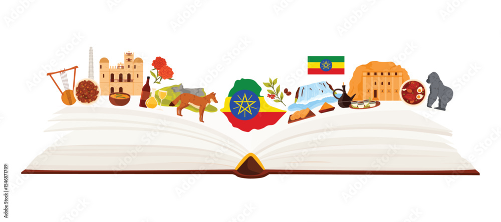 Fototapeta premium An open book showcasing Ethiopian culture through landmarks, cuisine, wildlife, and traditions. Includes the Ethiopian flag, coffee ceremony, historic sites, and natural elements, vector illustration.