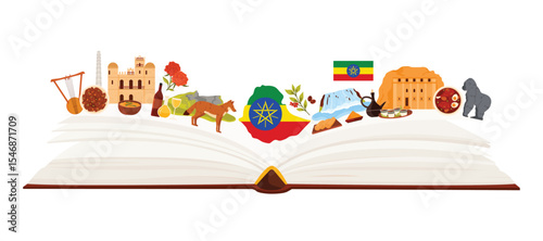 An open book showcasing Ethiopian culture through landmarks, cuisine, wildlife, and traditions. Includes the Ethiopian flag, coffee ceremony, historic sites, and natural elements, vector illustration.