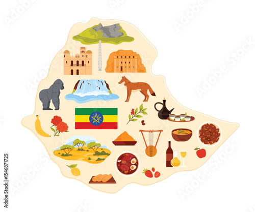 Travel to Ethiopia set, stickers of food and culture, nature savannah and mountain landscape on infographic country map with flag. Famous tourist attractions, coffee and animals vector illustration