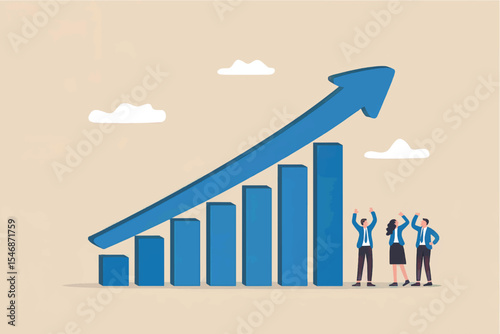 Business growth chart with celebrating team isolated on transparent background