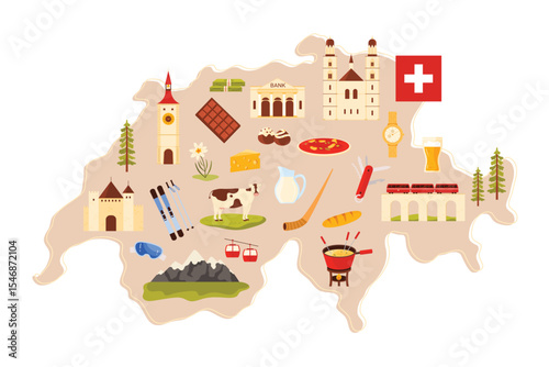 Travel to Switzerland set, stickers of historic architecture monuments and culture landmarks, dairy food and bread on infographic map. Train express and money of Swiss bank cartoon vector illustration