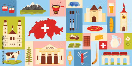 Travel to Switzerland, geometric infographic banner design with Swiss culture and architecture landmarks, national symbols and food. Map with flag, viaduct with train, cow cartoon vector illustration