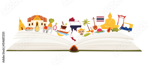 Travel to Thailand, Thai culture elements and food, landmarks in infographic collage. Traditional Buddhist temples and tropical fruit, flag on open big guide book pages cartoon vector illustration