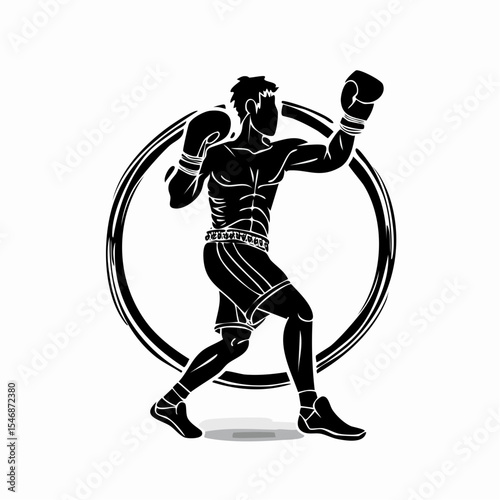 Kickboxing Player Silhouette. Fight player logo design boxing template Vector Image.