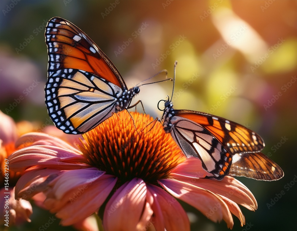 Fototapeta premium two butterflies with contrasting patterns resting on a blooming flower illuminated by natural light