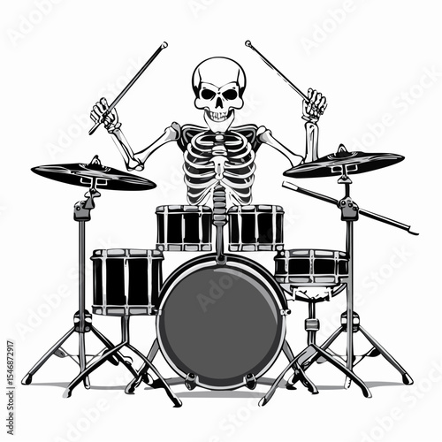 Skeleton Drummer Plays A Drum Set image vector isolated on white background.