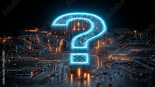 Glowing question mark on a circuit board with blue and orange lights in a dark environment design