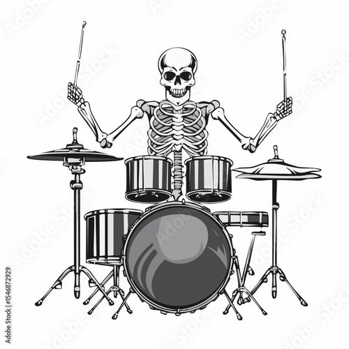 Skeleton Drummer Plays A Drum Set image vector isolated on white background.