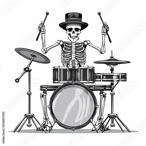 Skeleton Drummer Plays A Drum Set image vector isolated on white background.