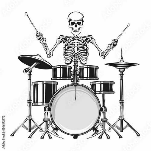 Skeleton Drummer Plays A Drum Set image vector isolated on white background.