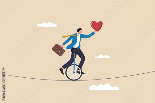 Businessman riding unicycle on tightrope holding heart flat vector illustration isolated on transparent background