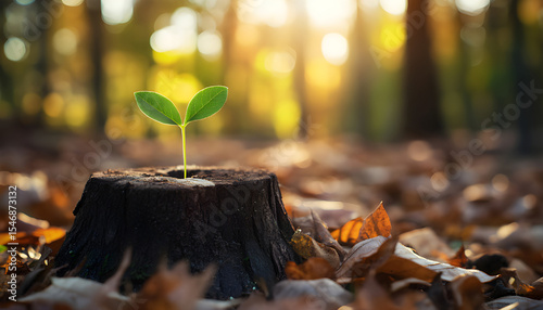 New life sprouts from tree stump in enchanted forest. Green leaves grow. Serene nature photo of wood trunk, small plant. Peaceful environment