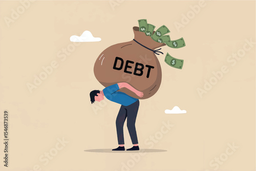 Man carrying heavy debt bag flat vector illustration isolated on transparent background
