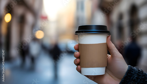 Wallpaper Mural Person holds paper cup of coffee in front of urban city street. People walk, cars drive at daytime. Daily life routine, morning break Torontodigital.ca