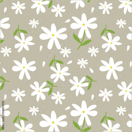 Beautiful and whimsical seamless pattern featuring hand drawn white daisy flowers on beige background.