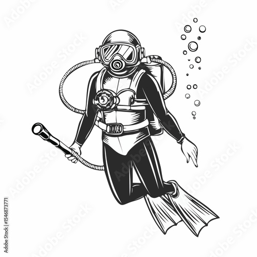Diver With Full Equipment vector. Scuba Diving Vector Illustration on white background.