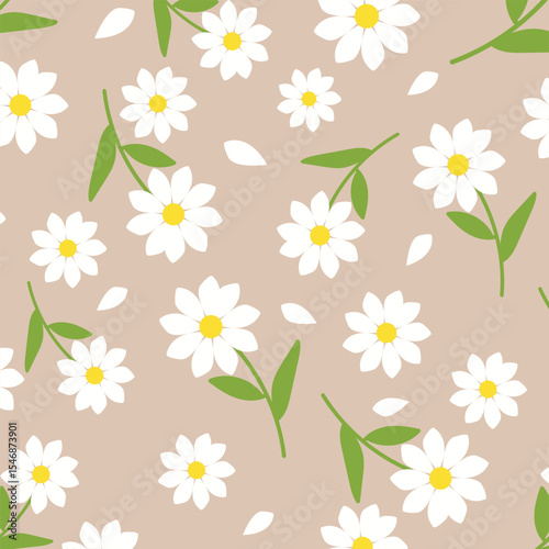 Seamless floral pattern featuring white daisies with yellow centers and green stems on a beige background