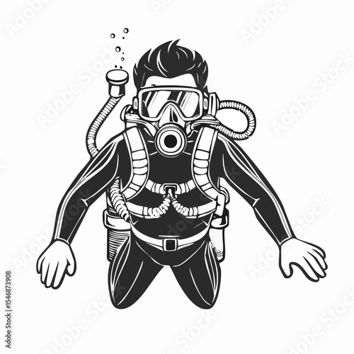 Diver With Full Equipment vector. Scuba Diving Vector Illustration on white background.