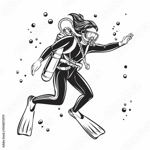 Diver With Full Equipment vector. Scuba Diving Vector Illustration on white background.