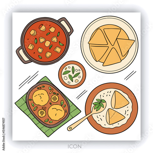 brazier. Fried eggplant, potatoes, peppers, tomatoes in pan. Vegetarian dish. View from above. Wooden background. Copy space
