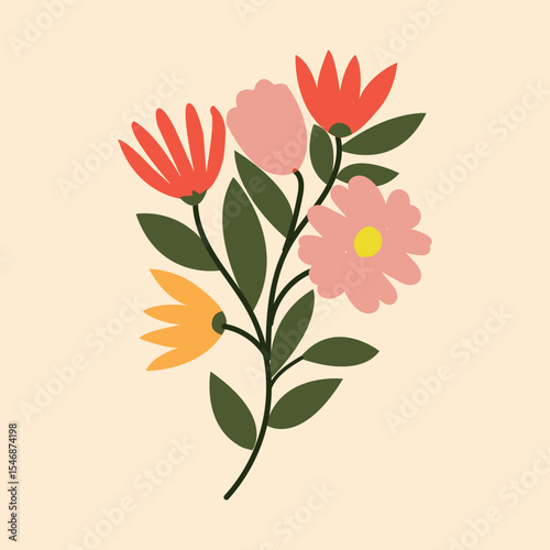Simple illustration of a colorful floral bouquet in flat design style and soft colors