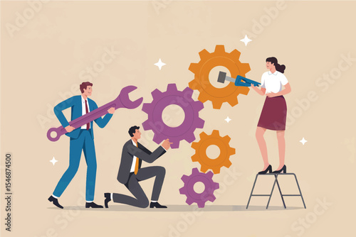 Business team working together on gears flat vector illustration isolated on transparent background