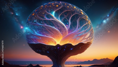 scientific surrealism dream visuals a stunning modern sculpture resembling a galaxy in twilight scientific surrealism blending biology and cosmos neuroscience surreal visuals