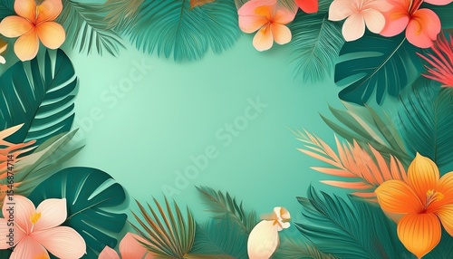 tropical flowers and leaves frame on a mint green background