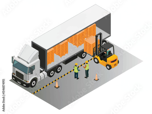 Isometric illustration of truck loading with forklift isolated on transparent background