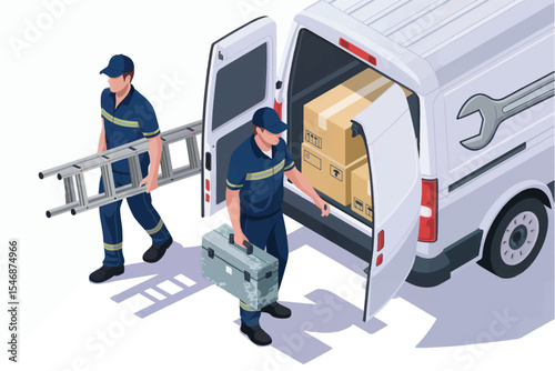 Two workers unloading a van flat vector illustration isolated on transparent background