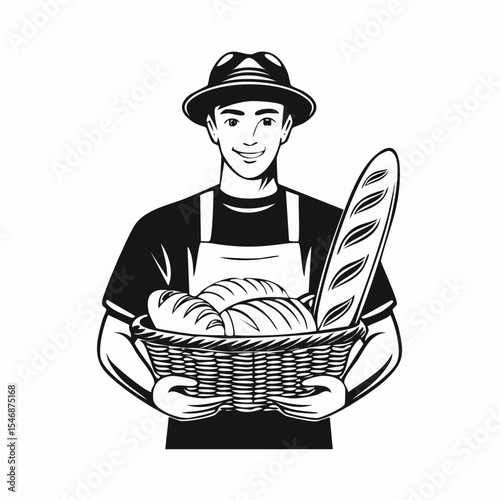 A man holding a basket of bread image vector isolated on white background.